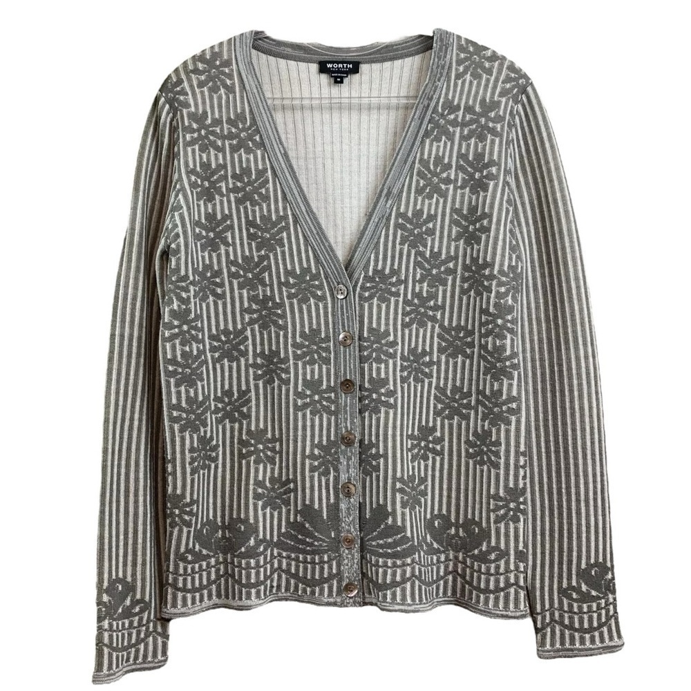 Worth New York Wool Knit Floral Striped Buttoned Cardigan Sweater Gray Ivory M